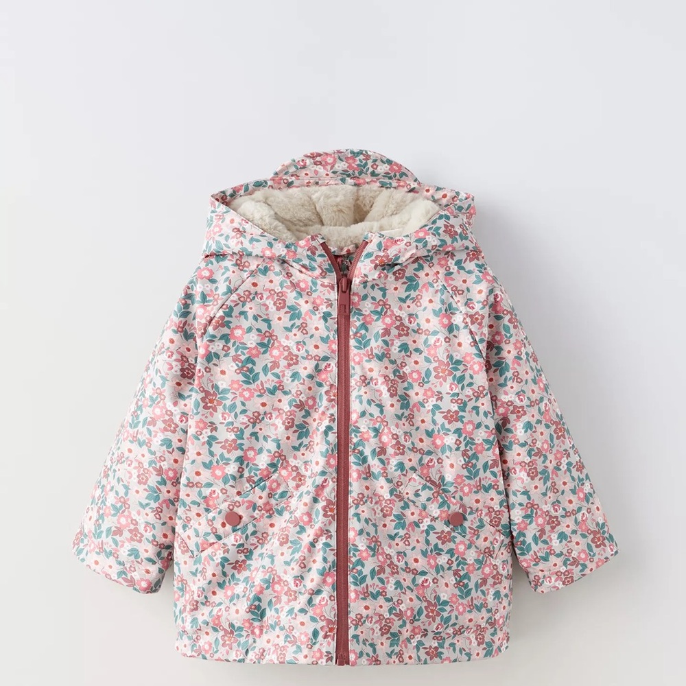 Zara Pink and Green Floral Kids rubberized /lined rain Jacket